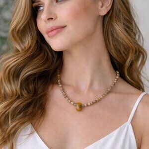 Tiger Eye & Leopard Skin Jasper – Semi-Precious Stones Handmade Long Necklace